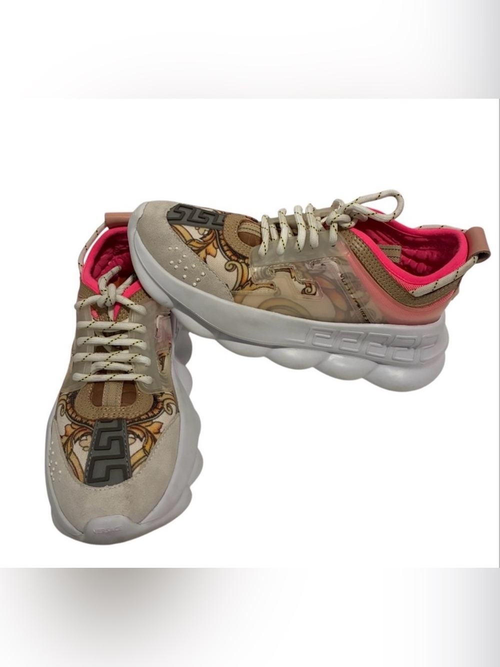 Versace Beige Pink Gold Chain-Print Chain Reaction Sneakers
